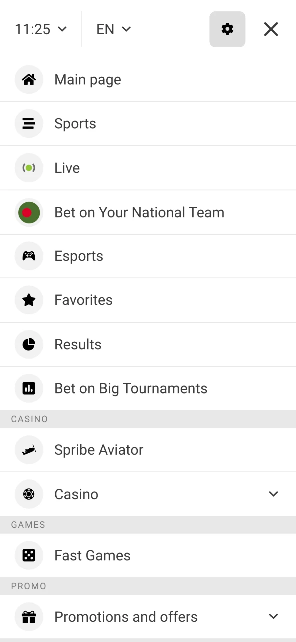 Go to the main menu in the Melbet app.