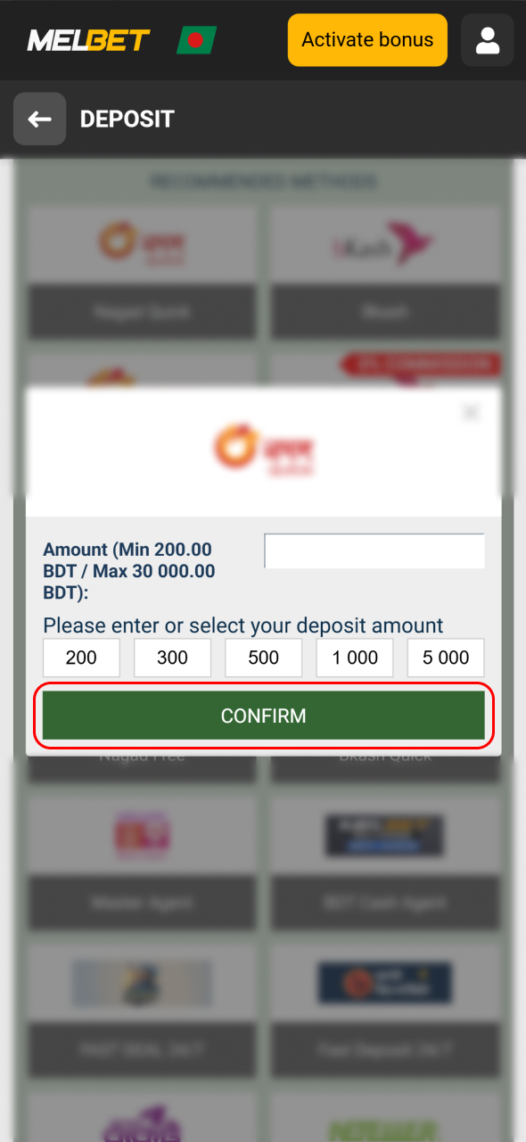 Confirm your transaction amount to deposit money into your Melbet balance instantly.