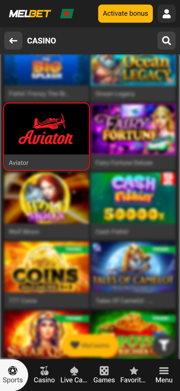 Find the Aviator game icon in the Melbet casino section to begin gambling.
